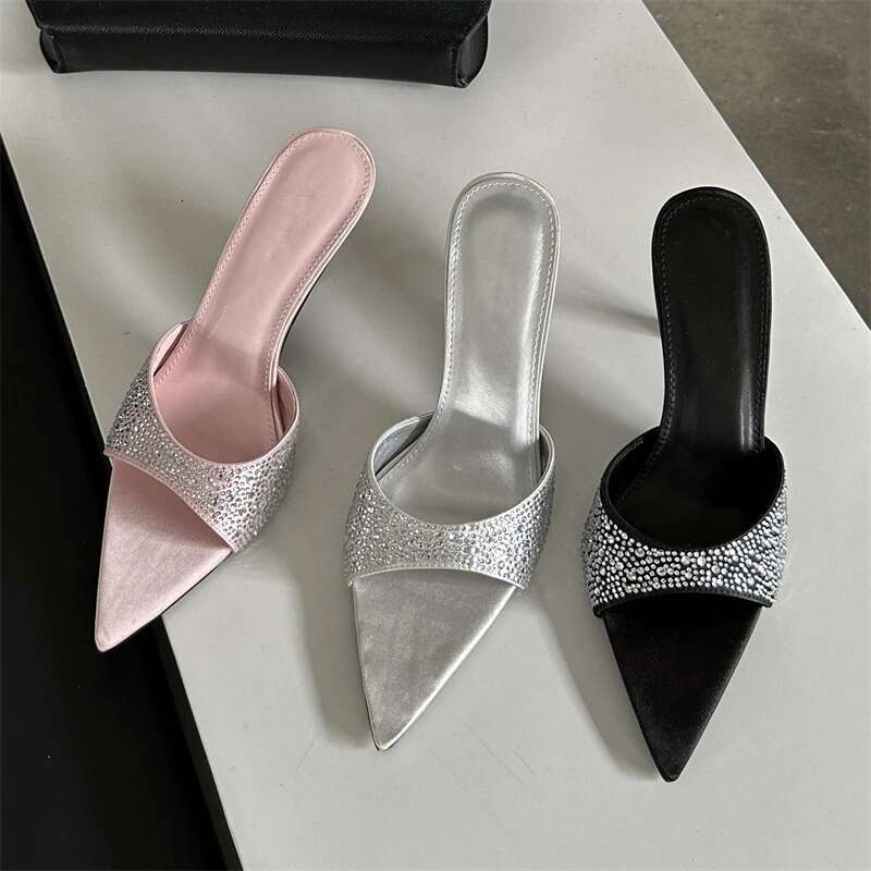 Eilyken 2025 New Summer Silk CRYSTAL Women Slippers Sandals Fashion Thin Heels Mule Beach Slides Shoes Atos Mujer