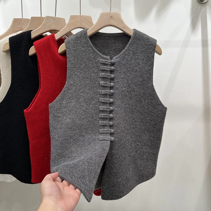Fashion Autumn Winter Round Neck Solid Color Button Cardigan Sleeveless Sweater Knitted Vest Womens Clothing Basic Tops 250108