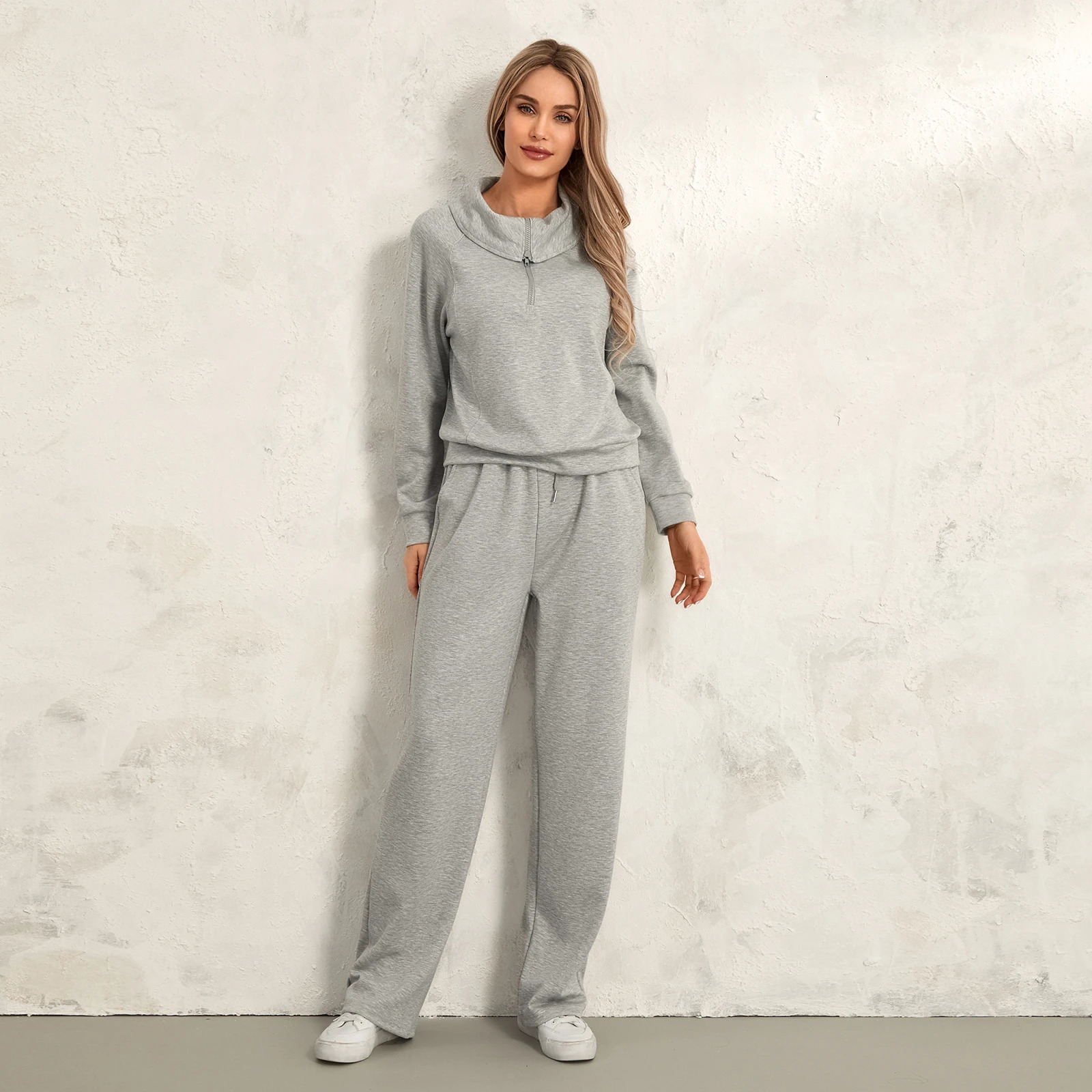 Women 2 Piece Running Sets Autumn Long Sleeve Lapel Half Zipper Sweatshirt and Drawstring Sweatpants Activewear Workout Outfits 250106