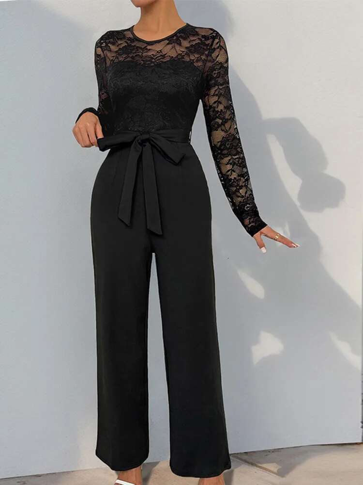 Deioao Round Neck Chic Lace Black Jumpsuit Women Elegant Summer Party Club Rompers Female Solid High Waist Straight Long Pants