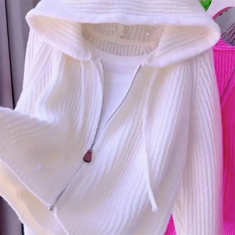 Pink Hooded Knitted Cardigan For Womens Autumn Loose And Stylish n Striped Short Sweater Zipper Jacket White Overcoat 250108