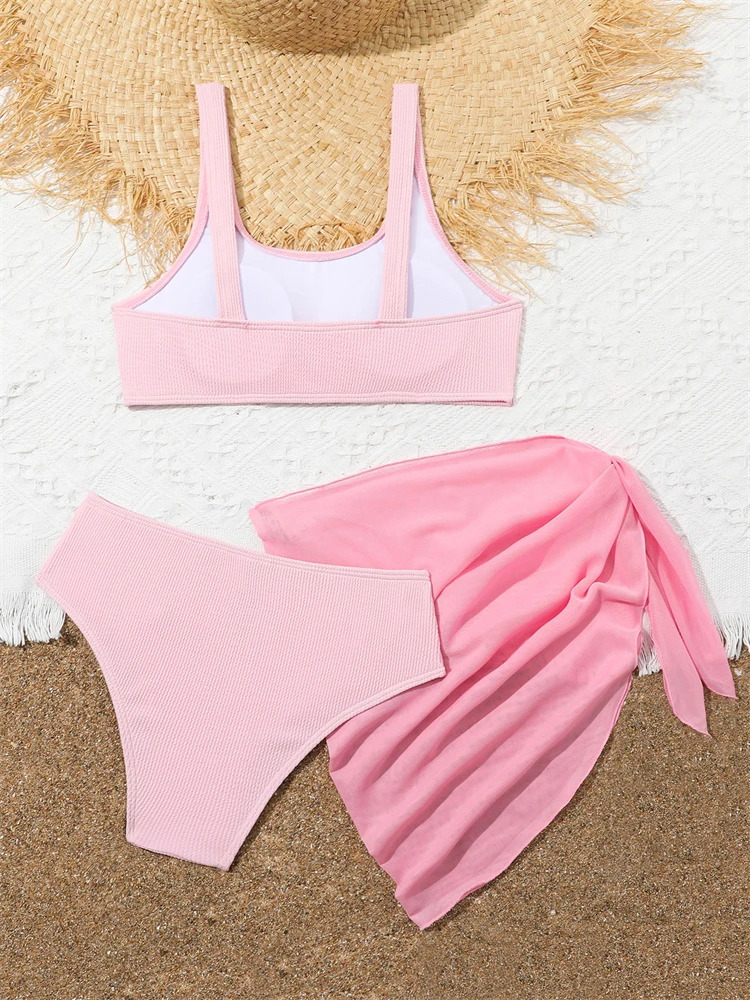 Kids Swimsuit Girls Bikini Solid Ribbed Sling Bikinis Set Children Swimwear Summer Three Piece Beachwear Bathing Suits 250108