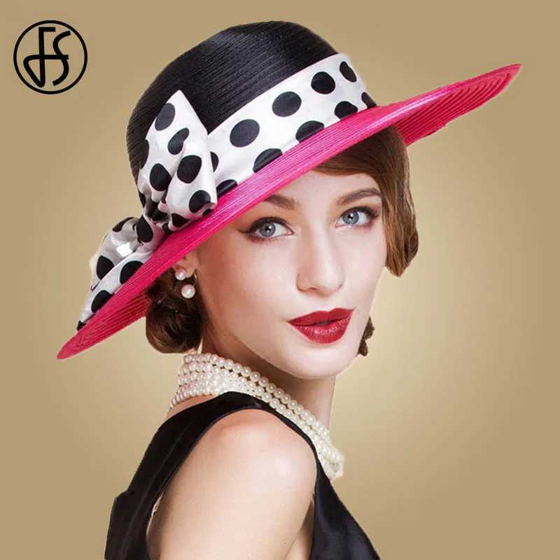 Elegant bra wide brown rose black patch work polka dot Kentucky wedding hat big bow knot Fe beach hat X250109