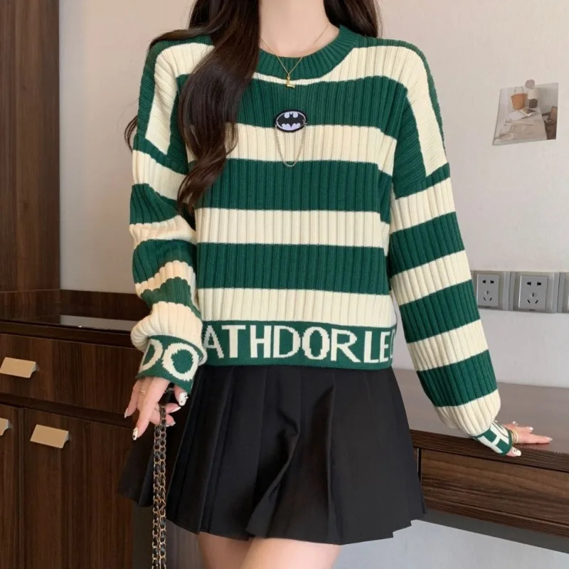 Autumn Winter Fashion Letter Striped Knitwear Women Simplicity Thick Oneck Long Sleeve Sweater Casual Allmatch Knitting Tops 250108