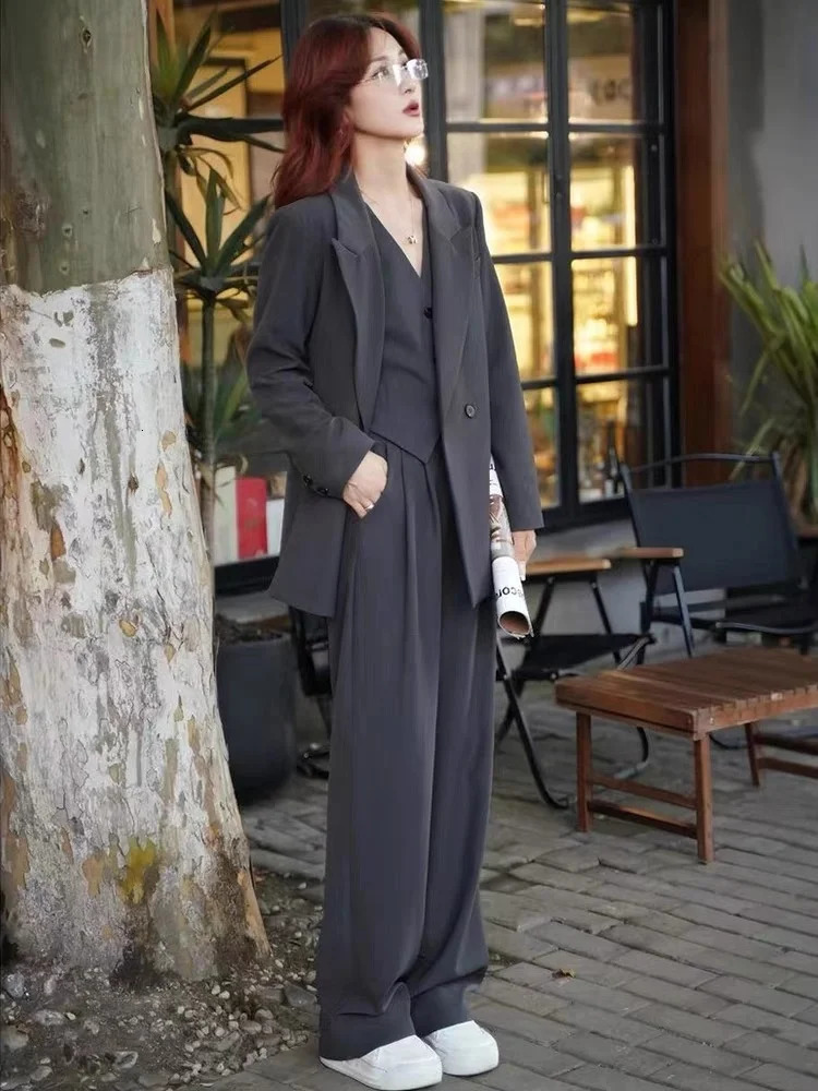 Korean Fashion Women Business Blazer 3 Pieces Set Elegant Casual Jackets Coat Sleeveless Vest and Pant Suit Female Clothes 250106
