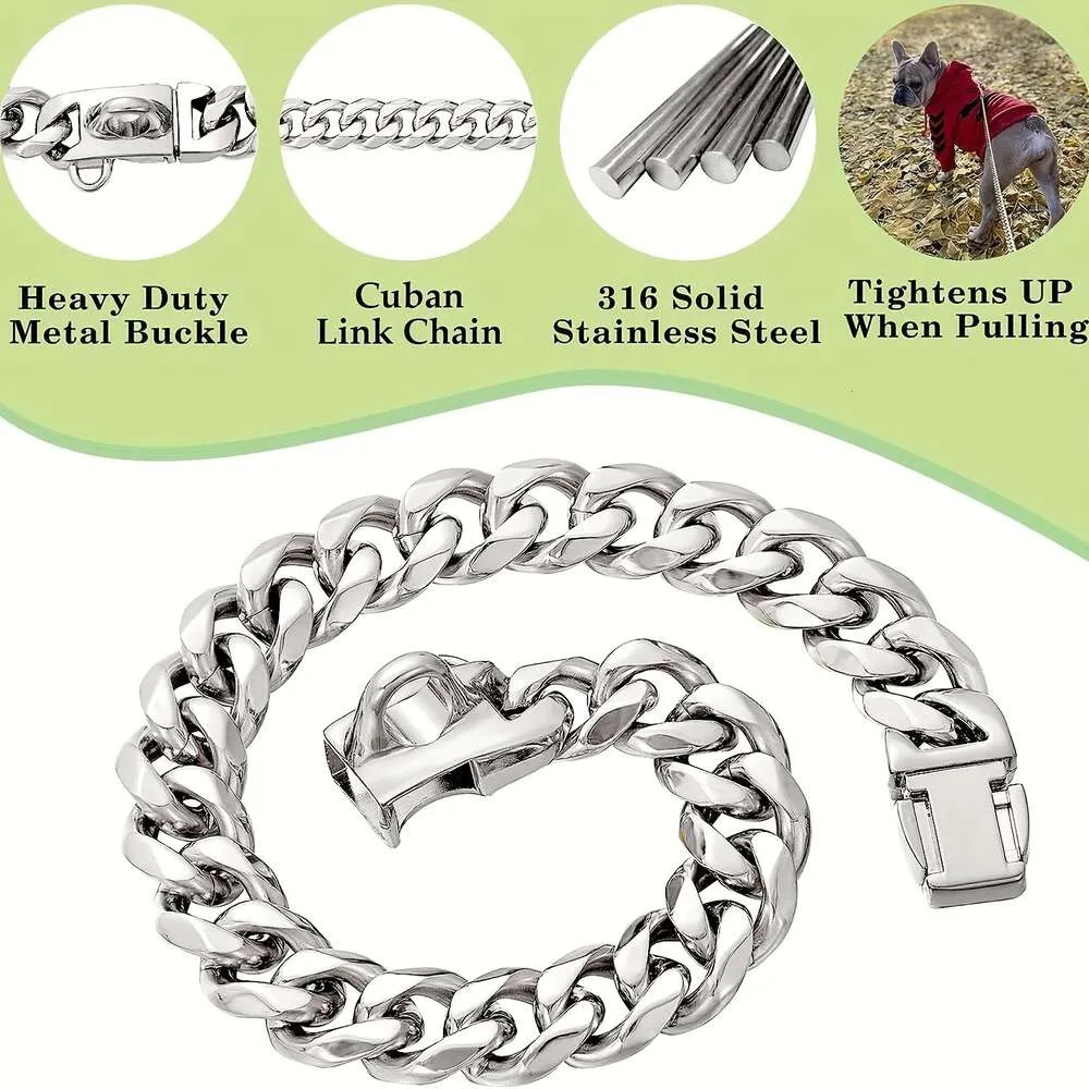 15mm Dog Chain Walking Metal Collar With Design Secure Buckle Cuban Link Strong Heavy Duty Chew Proof