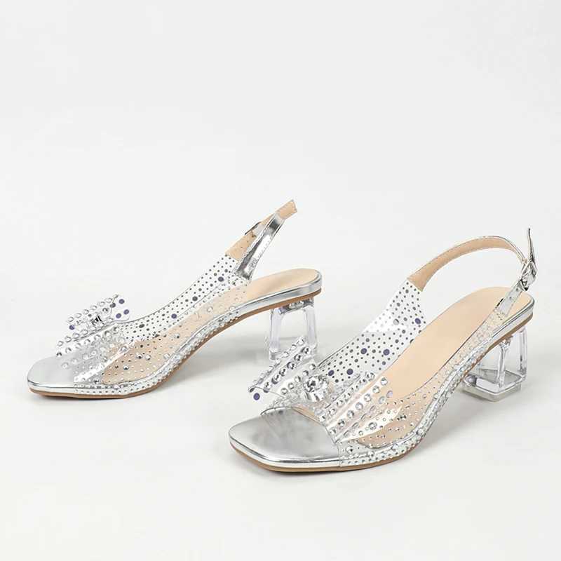 2025 New Arrivals Crystal Rhinestone Bowknot Transparent Sandals Women Silver Square Open Toe Clear Heels Party Prom Shoes 250110