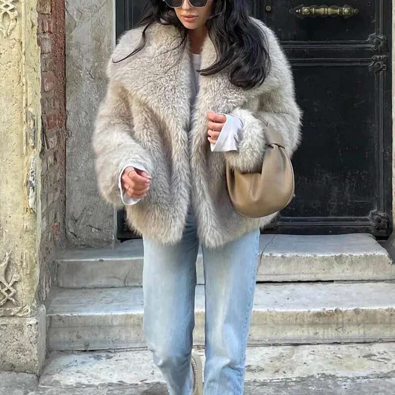 TRAF Elegant Cropped Jacket Outerwear 2024 Autumn Winter Women's Faux Fur Ladies Fashion Long Sleeve Grey Black Short Coat