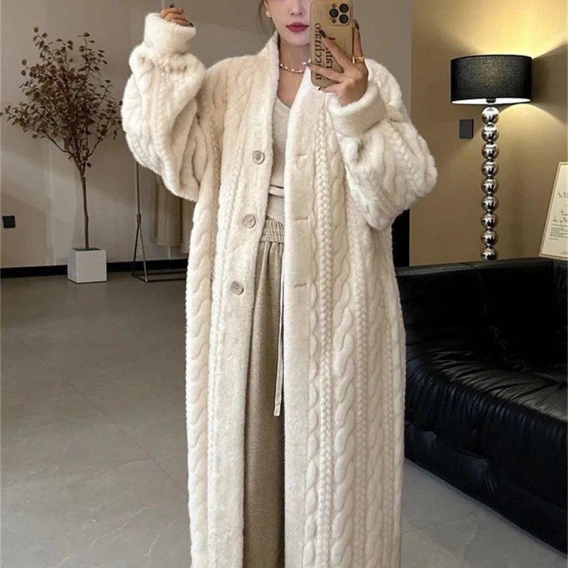 Women Sweaters Long Sleeve V Neck Solid Thick Jumpers Button High Street Cardigan Knit Pocket Slight Strech Patchwork Regular 250106