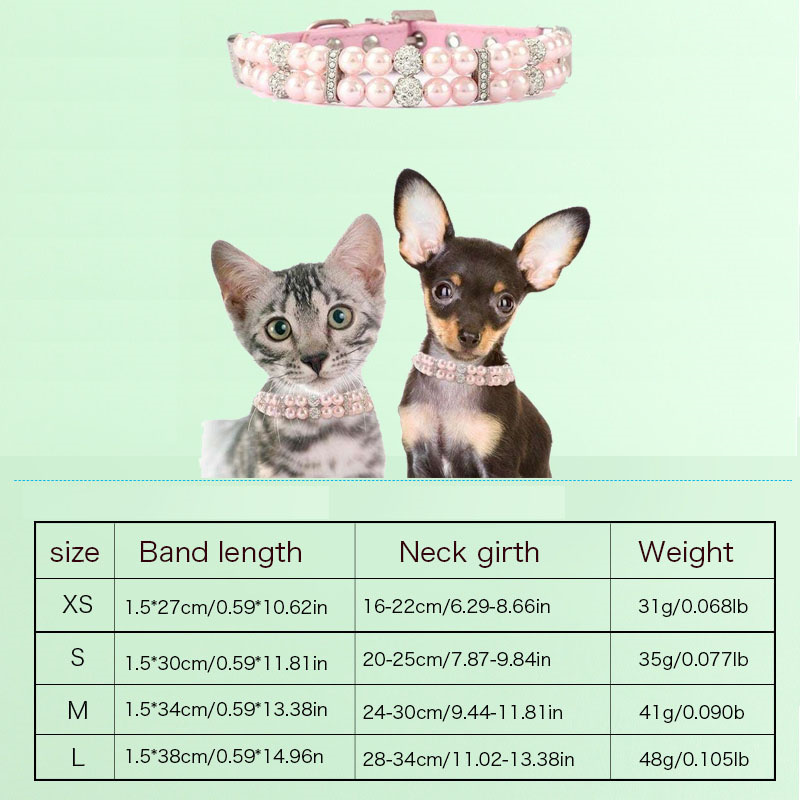 Pet Pearls Collar Leash Set 2 Rows Pearls Pet Necklace and PU Leather Pearl Leash Wire with Crystal Rhinestone Pet Collar