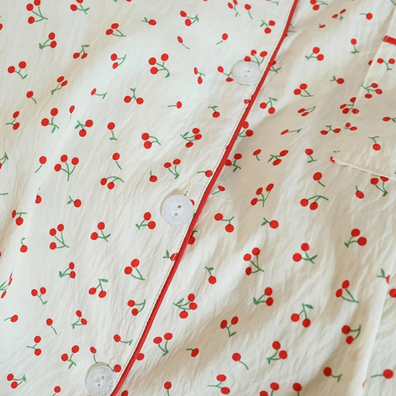 Autumn Cherries Pajama Sets for Women Faux Cotton Outfits Soft Lapel Cardigan 2 Piece Set Sweet Cute 250106