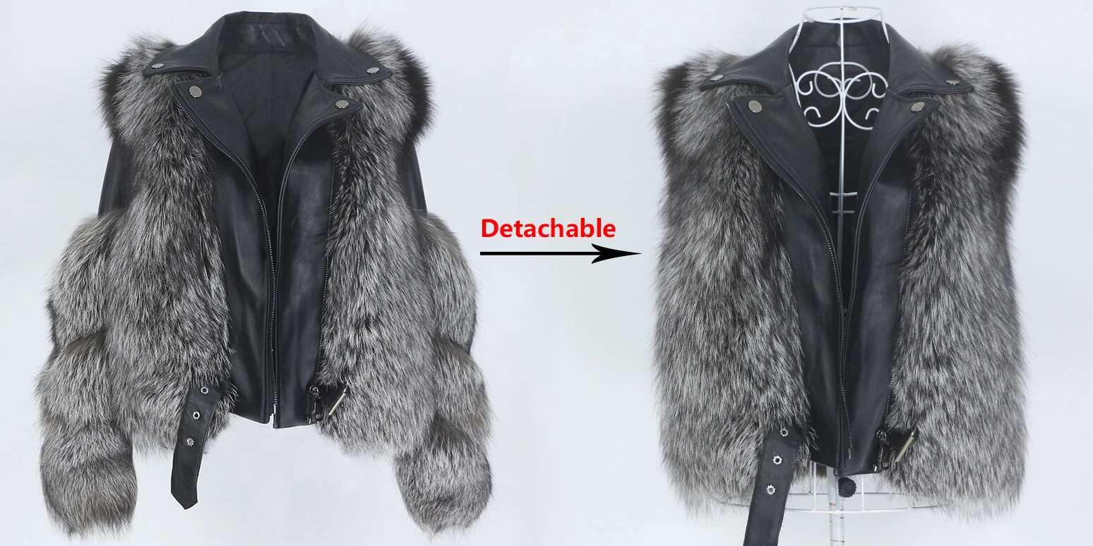 OFTBUY 2022 Real Coat Vest Winter Jacket Women Natural Fox Fur Genuine Leather Outerwear Detachable Streetwear Locomotive