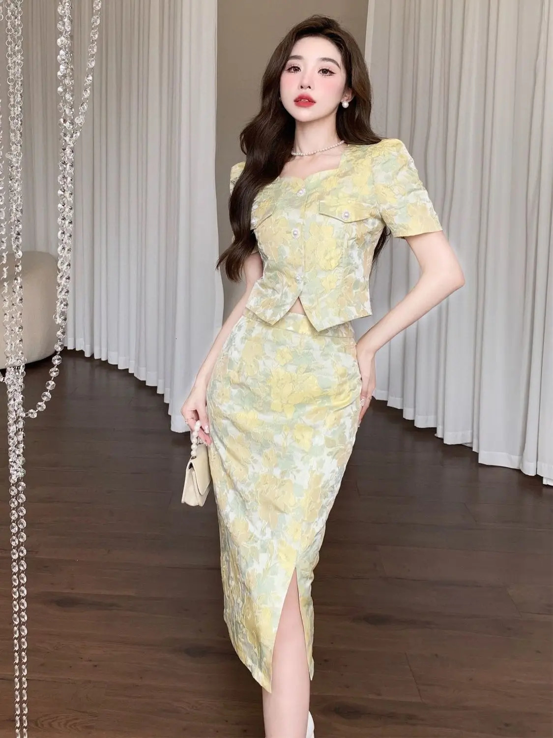 Xiaoxiangfeng Womens Set Skirt SpringSummer Elegant Celebrity Jacquard Short Top Half skirt Two piece 250106