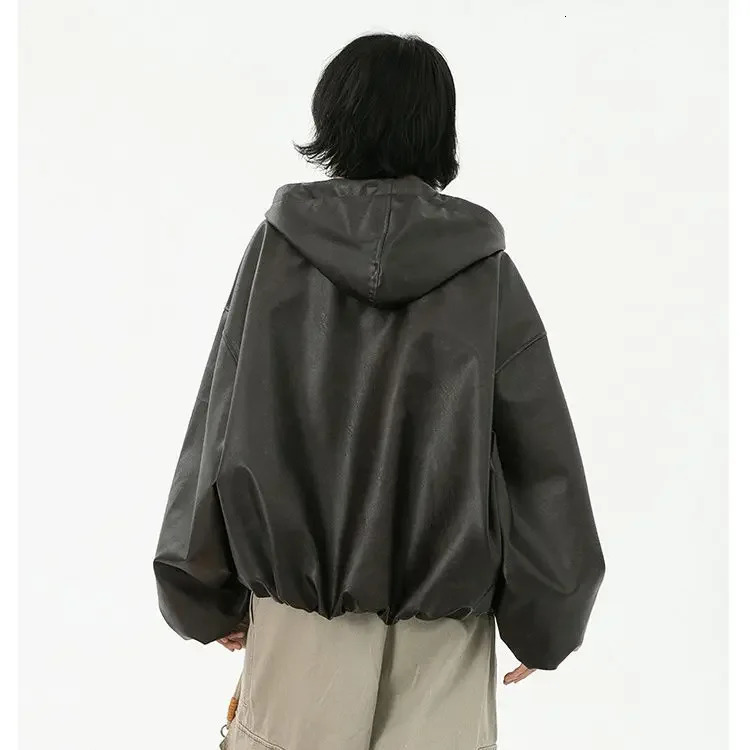 Winter PU leather coat women cold resistant cotton jacket hooded soft shell harajuku waterproof windproof loose 250103