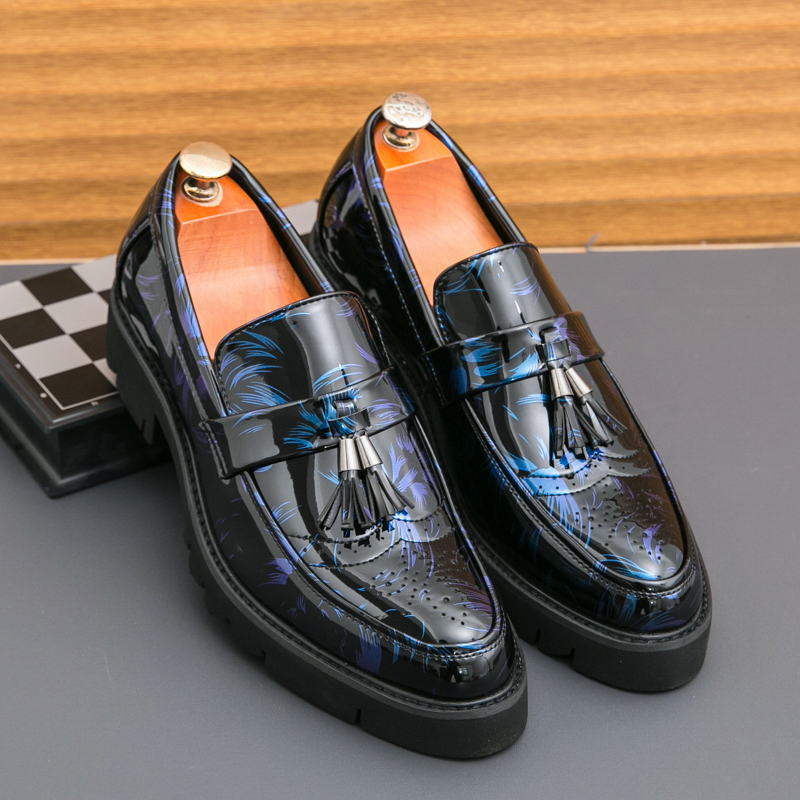 Patent Leather Tassle Slip On Loafers Brogue Chunky Sole 4Cm Casual Party Wedding Shoes For Men Free Shipping