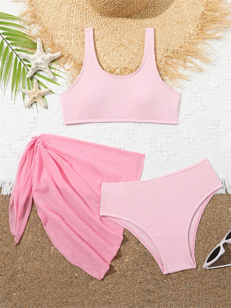 Kids Swimsuit Girls Bikini Solid Ribbed Sling Bikinis Set Children Swimwear Summer Three Piece Beachwear Bathing Suits 250108