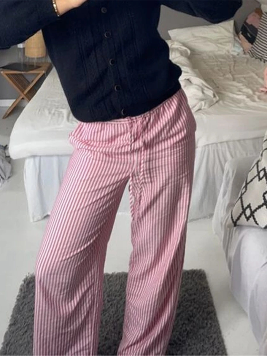 Womens Stripe Print Pants Drawstring Elastic Waist Loose Straight Long with Pockets Streetwear 250108