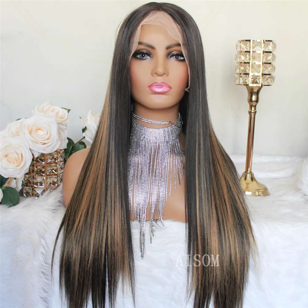 Highlight Honey Blonde Straight Synthetic Lace Front For Women Pre Plucked Transparent Colored Wig 13X4