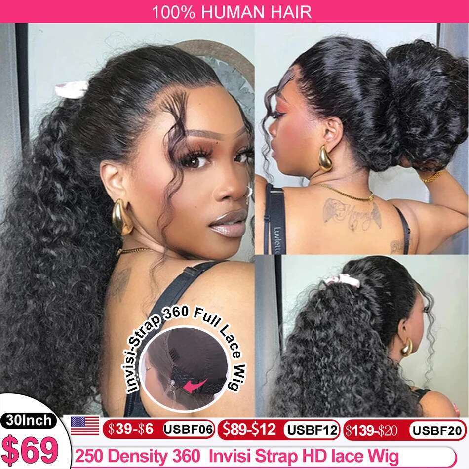 HD Invisi Strap Front Wigs Preplucked Deep Curly Glueless Human Hair Redy To Wear 360 Full Lace Wig