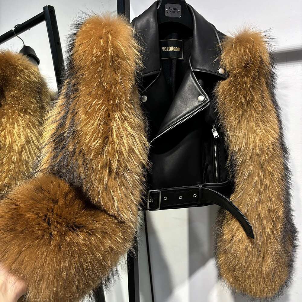 Yoloagain Real Fox Fur Sleeve Sheepskin Women Brown Croc Pattern Leather Jacket Female
