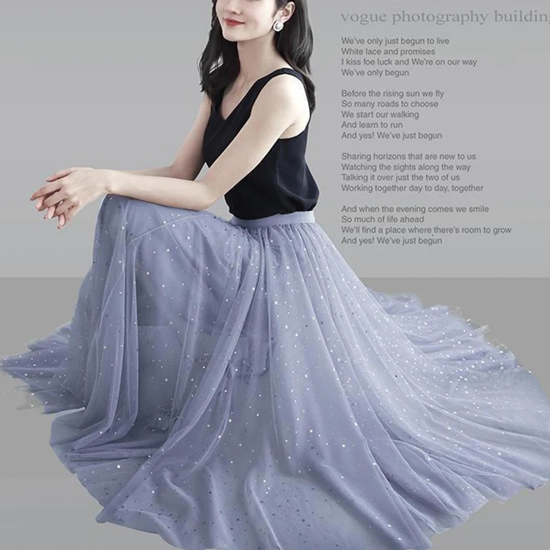 Spring Summer High Waist Elegant Sequins Mesh Skirt Ladies Temperament Allmatch Fairy Ankle Length Aline Skirts Female Clothes 250106