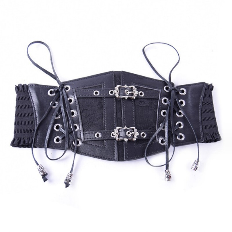 Ladies' Vintage Fashion Belt Wrap - Adjustable Lace Up Leather Bodice with Ornate Metal Buckles