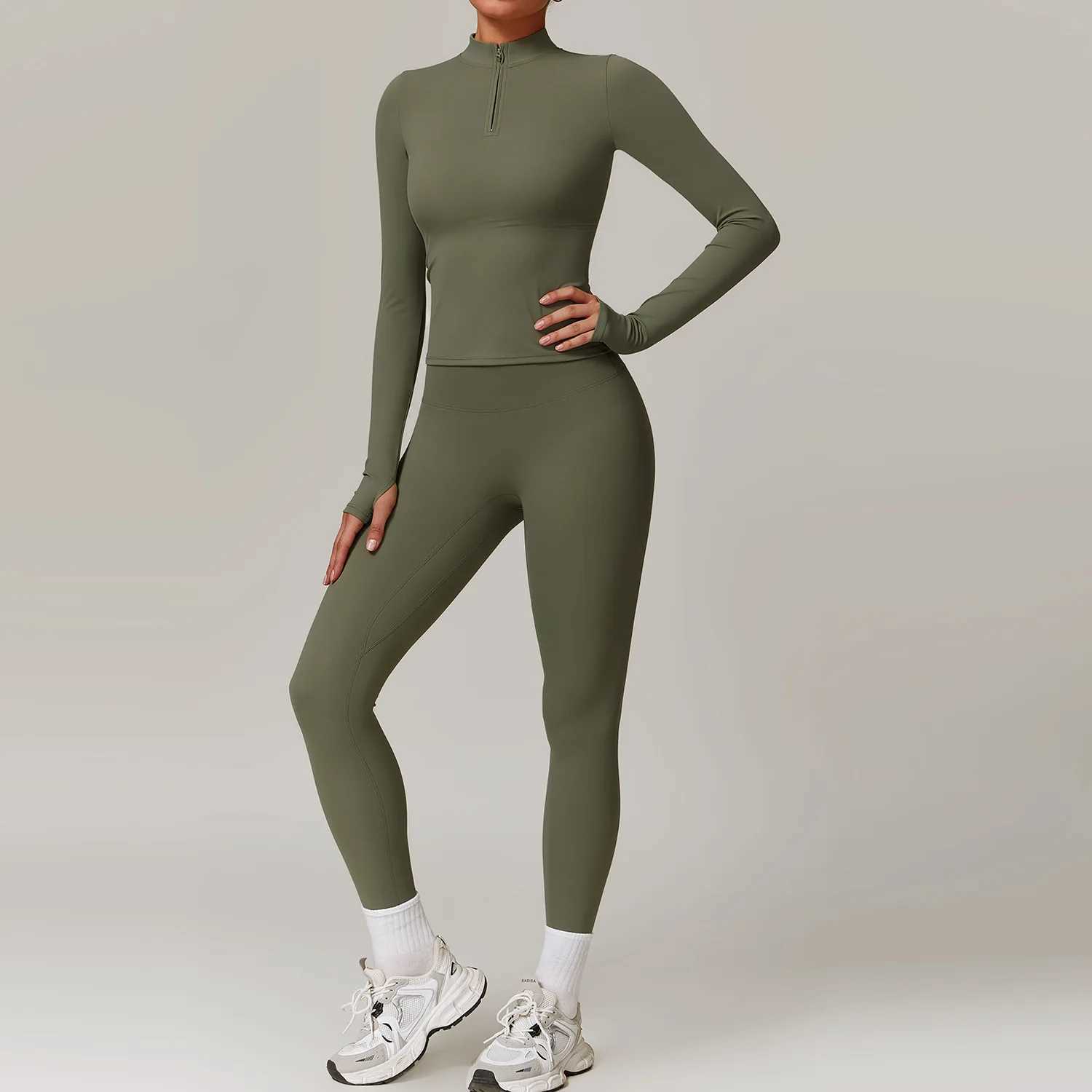 Gym Set Women Sportwear Zipper Long Sleeve Yoga Clothing Fitness Crop Top High Waist Leggings 2 Piece Workout Suit Sports SuitsXJ250109