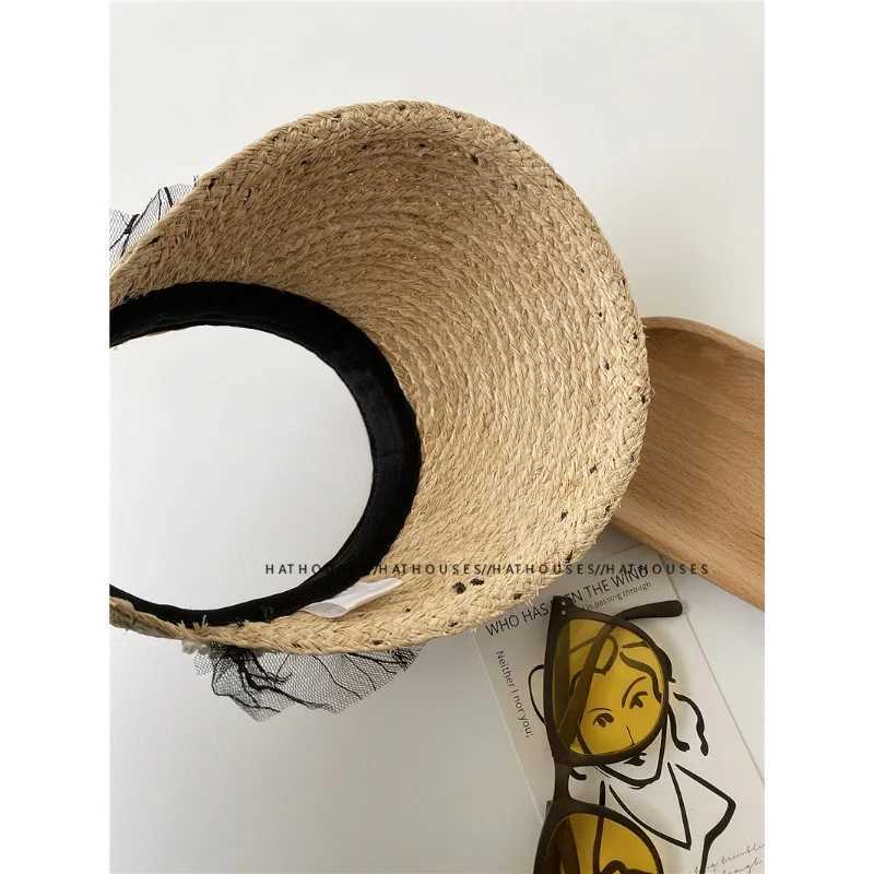 Hot Girl Black Lace Pearl Rafia Headless Hat Fem Summer Outdoor Shopping Camping Hat X250109