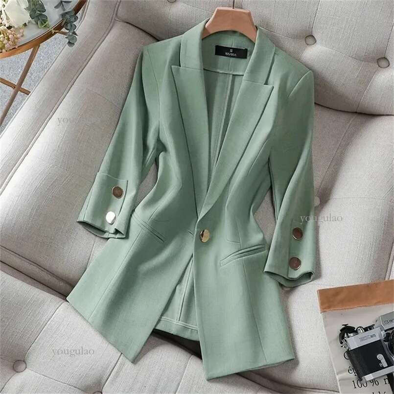 Summer Solid Color Elegant Green Blazer Casual Thin Women Jacket Women's Korean Style V-neck Office Lady Suit Coat 220802