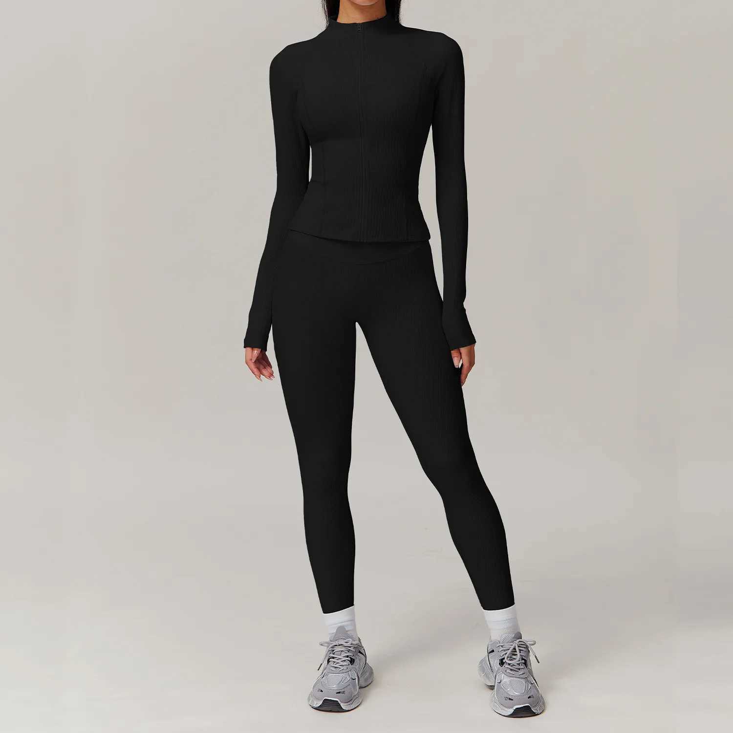 2PCS Women Yoga Set Workout Tracksuits Sportswear Gym Clothing Fitness Long Sleeve Jacket High Waist Leggings Ribbed Sports SuitXJ250109