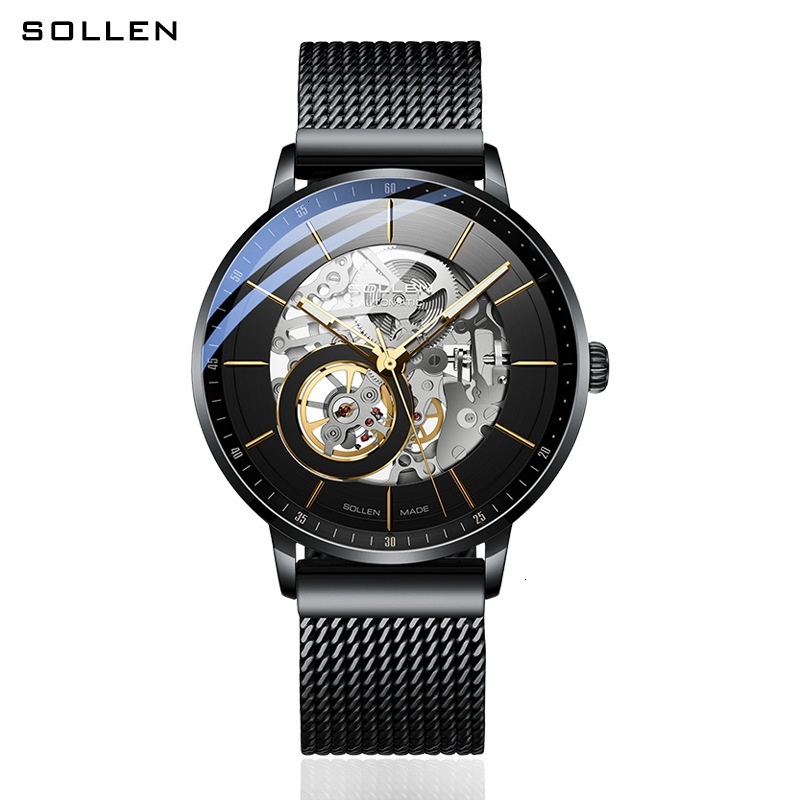Solen Men's Automatic Skeleton Mechanical Watch with Full Steel Mesh Strap
