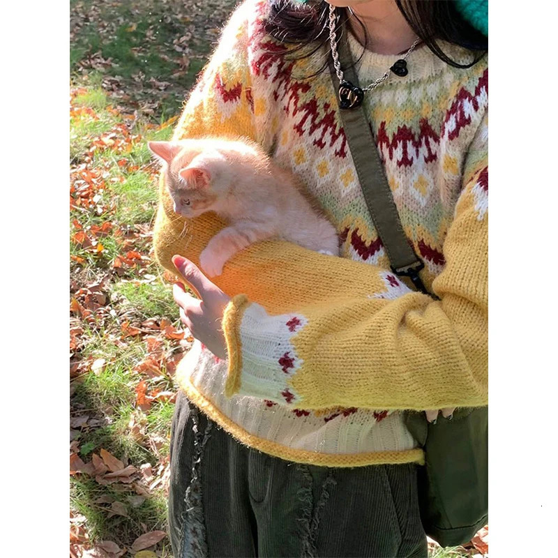 MEXZT Vintage Print Sweater Women Harajuku Patchwork Knitted Pullovers Streetwear Long Sleeve Knitwear Winter Casual Jumpers 250108