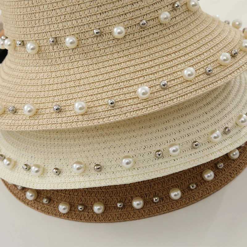 New Spring and Summer Fem Sunscreen Sun Hat Childrens Bow Beaded Hat Beach Hat Traw Hat X250109