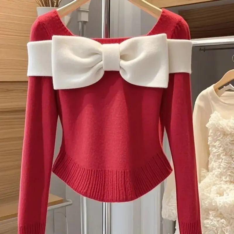 Women Clothing Fashion Elastic Slim Wool Commute Knitted Pullovers Autumn Winter Temperament Elegant Chic Bow Sweaters 250108