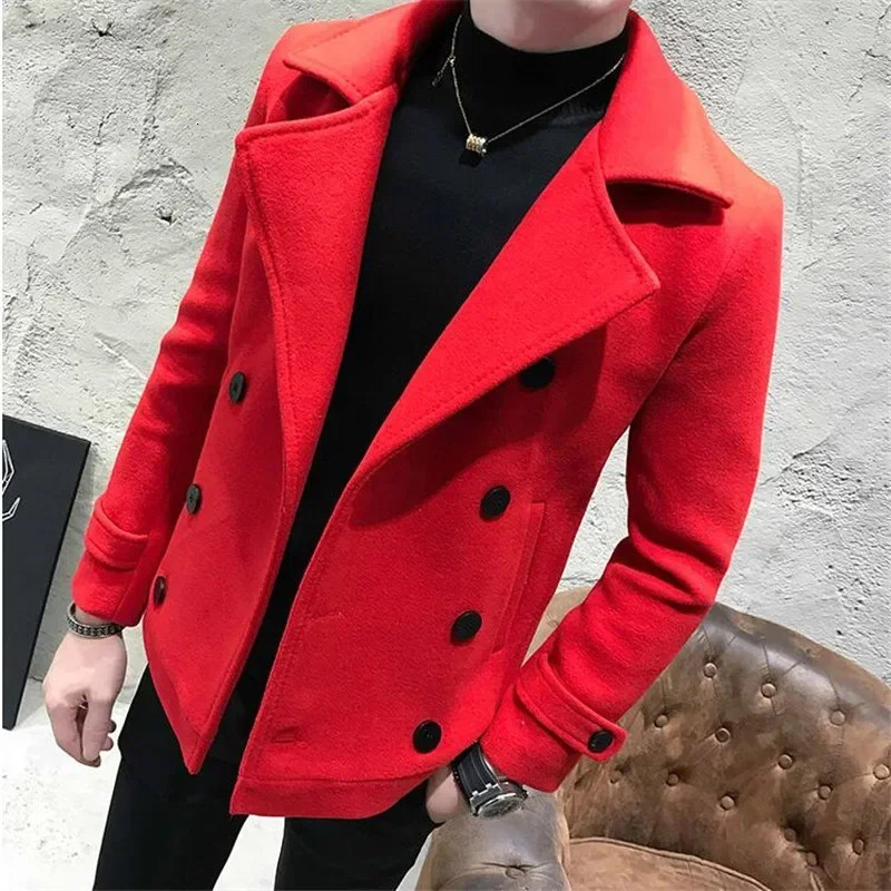 2023 Fashion Men DoubleBreasted Windbreaker Solid Color Slim Short Woolen Coat Winter Casual Warm Size 5XL 250106
