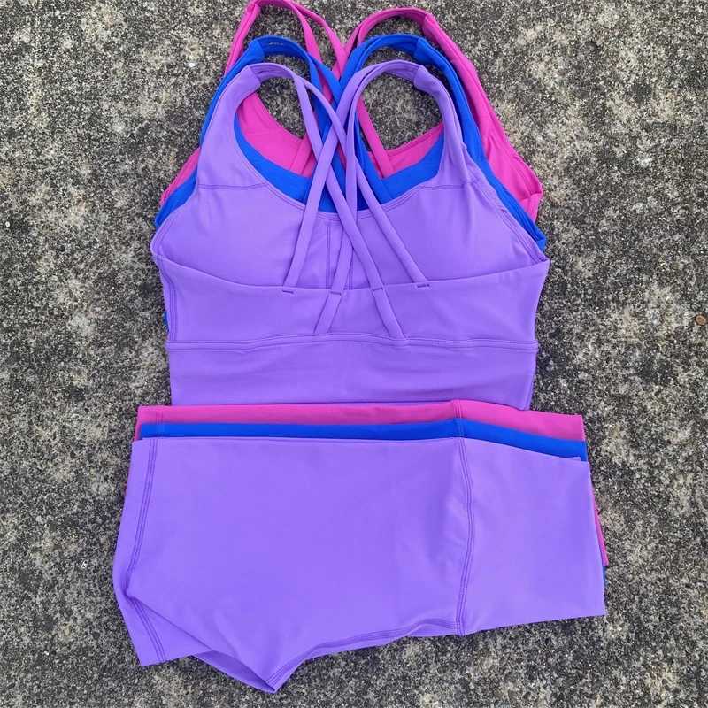 Solid color womens soft gym yoga suit bicycle short leg 2pc cross sports bra track and field uniform comprehensive training jogging sportswearXJ250410