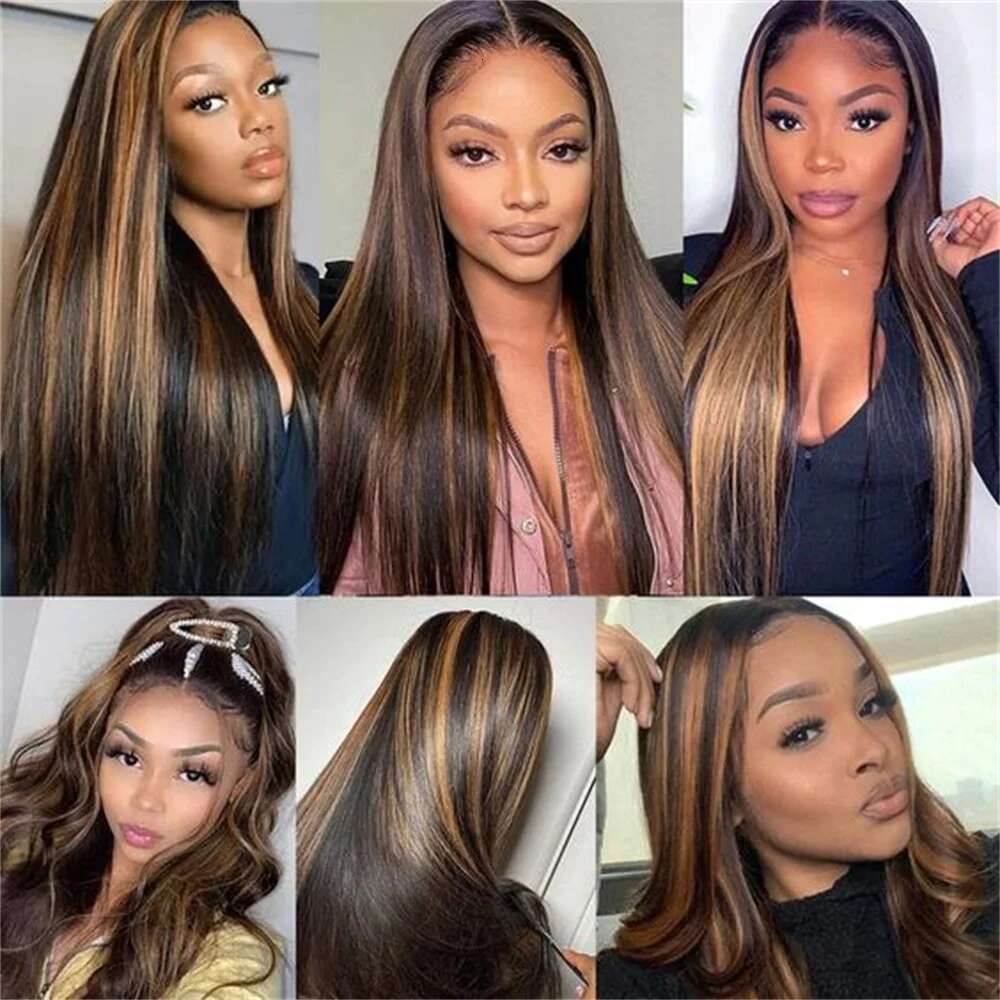 Highlight Honey Blonde Straight Synthetic Lace Front For Women Pre Plucked Transparent Colored Wig 13X4