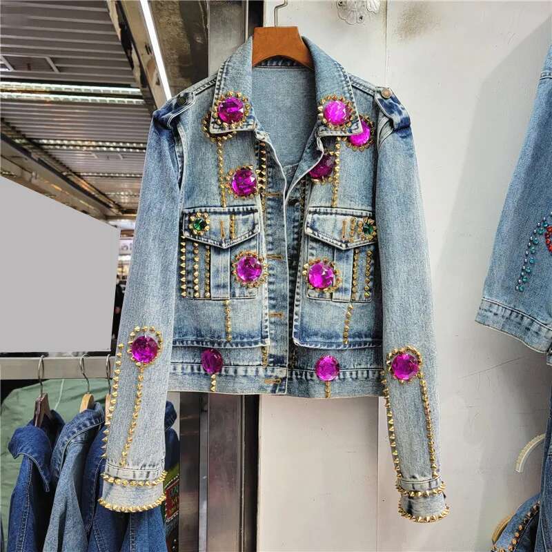 Women Dias Short Denim Bomber Coat Rivet Beaded Jeans Jacket Rhies Cardigan Lapel Long Sleeve Streetwear Tops
