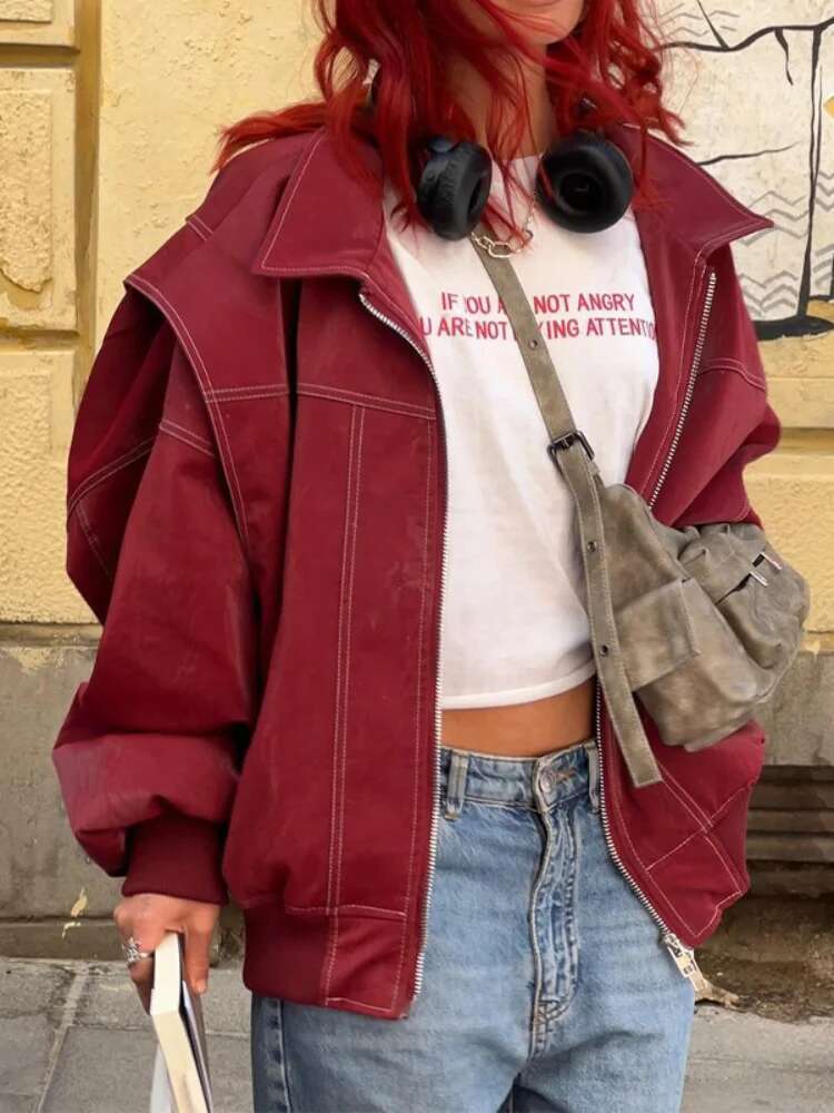 2025 Spring Red Contrast Leather Bomber Fashion Jacket Zipper Front Lapel Pocket Coat Chic Fall New Lady High Streetwear