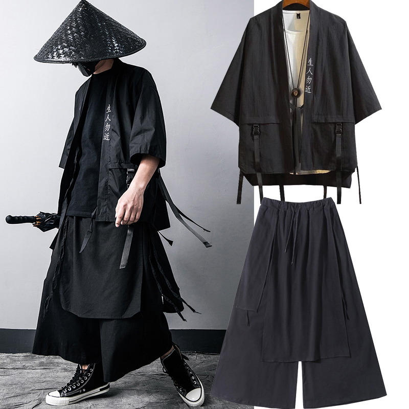 Japanese Traditional Black Kimono Cardigan Diablo Samurai Ninja Cosplay Suit Chinese Hanfu Style Coat Streetwear Top and pants