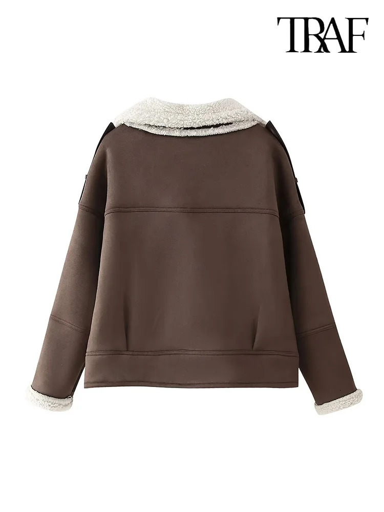 TRAF Womens High Street n Suede Lamb Fur Warm Jacket Coat Autumn and Winter Lapel Fashion Elegant Tops 250103