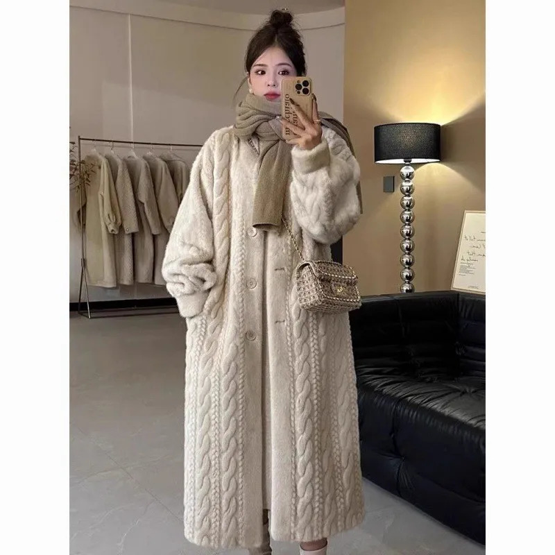Women Sweaters Long Sleeve V Neck Solid Thick Jumpers Button High Street Cardigan Knit Pocket Slight Strech Patchwork Regular 250106