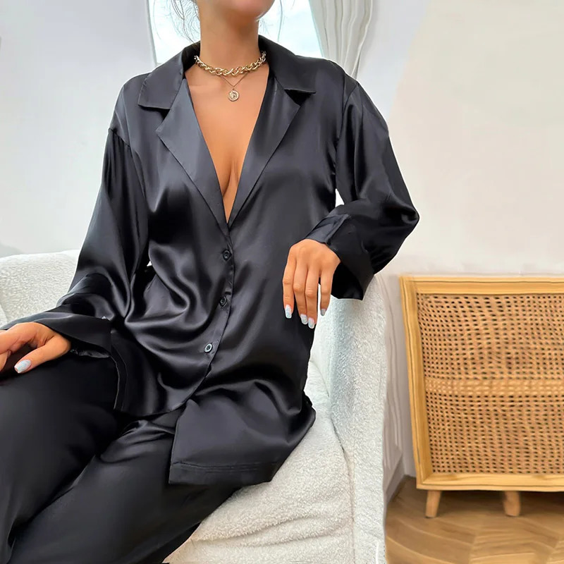 Womens Home Clothes Satin Silk Sleepwear Low Cut Sexy Pajamas For Femme SingleBreasted Long Sleeves Wide Leg Pants Trouser Set 250106