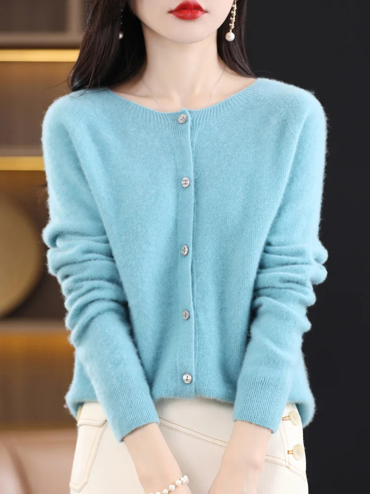 Addonee Women 100% Merino Wool Sweater Cashmere O-neck Cardigan Raglan Sleeve Classical Knitwear Solid Fashion Basic Clothing 250106