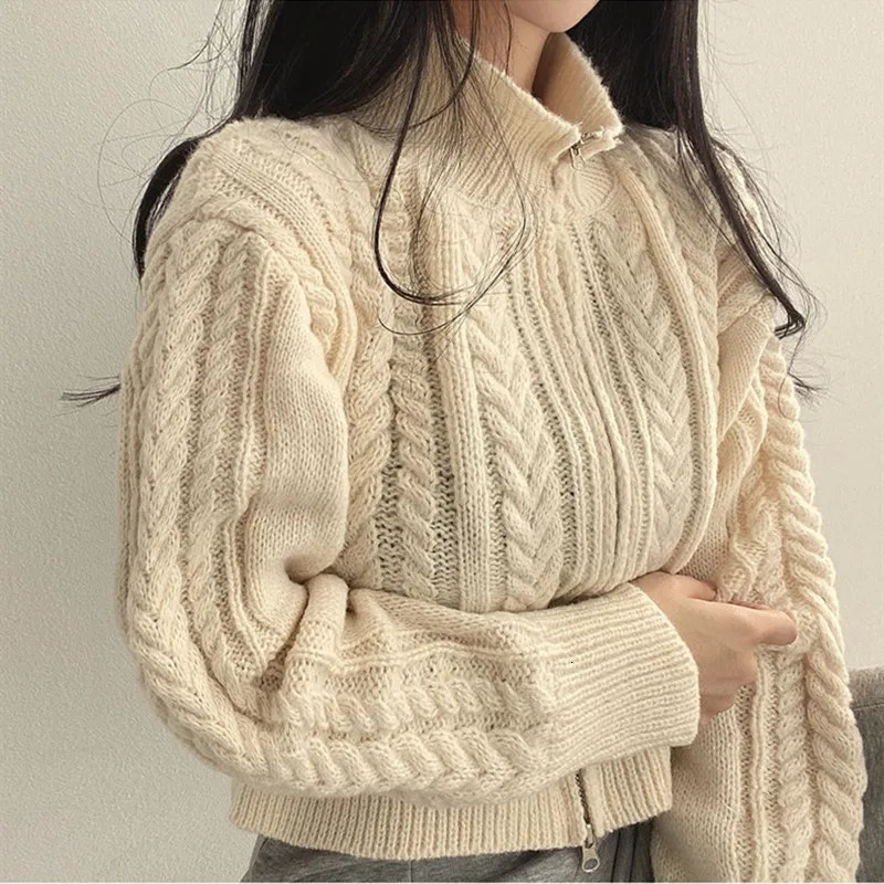 Twists Knit Short Coat Long Sleeve Zipper Sweater Casual Women Cardigan Vintage Winter Korean Chic Elegant Lady Trend Top 250106
