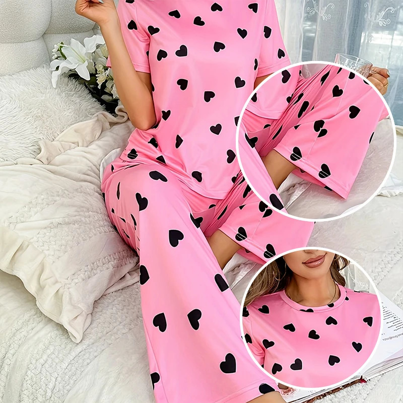 Two Piece Summer Selling Womens Home Leisure and Comfortable Pink Print Love Pajama Set 250110