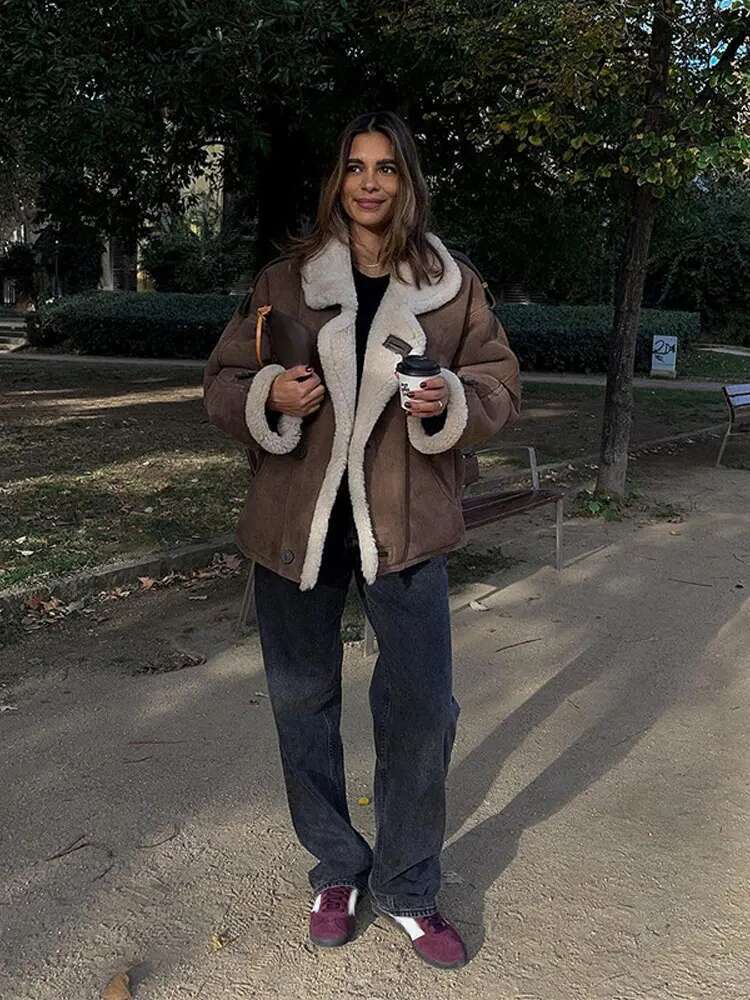 Retro Brown Faux Leather Warm Thick Fluffy Coats Fashion Long Sleeve Laple Single Button Jacket 2024 New Winter Lady Outerwear