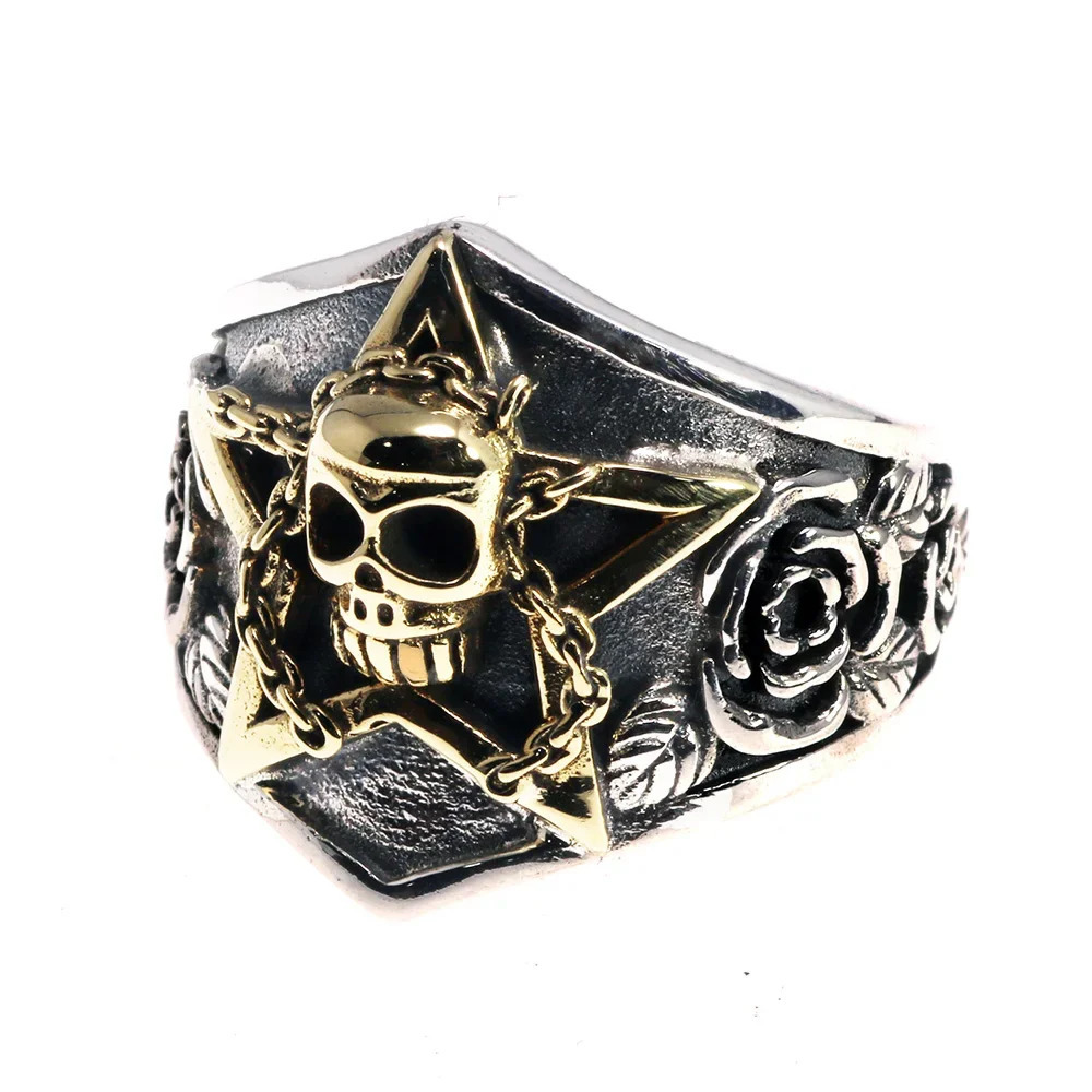 Real Pure 925 Sterling Silver Viking Ring Skull With Pentagram Gothic Punk Rock Rose Flower Carving Resizable For Men and Women 250109