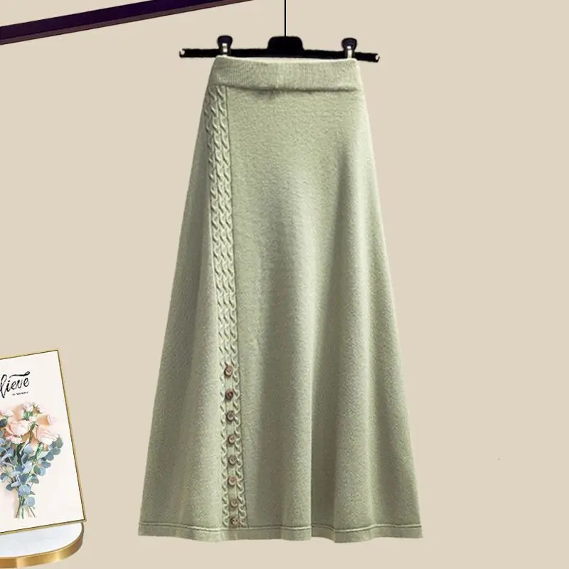 Spring Autumn Womens Clothing Suit Fashion Elegant Green Cardigan Sweater High Waist Half Skirt Two Piece Set Knitwear 250106