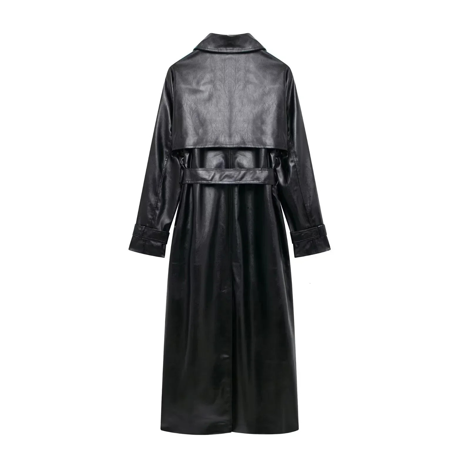 2024 Women Fashion with Belt Long Style Single Breasted Faux Leather Coat Vintage Sleeve Pockets Female Outerwears 250103
